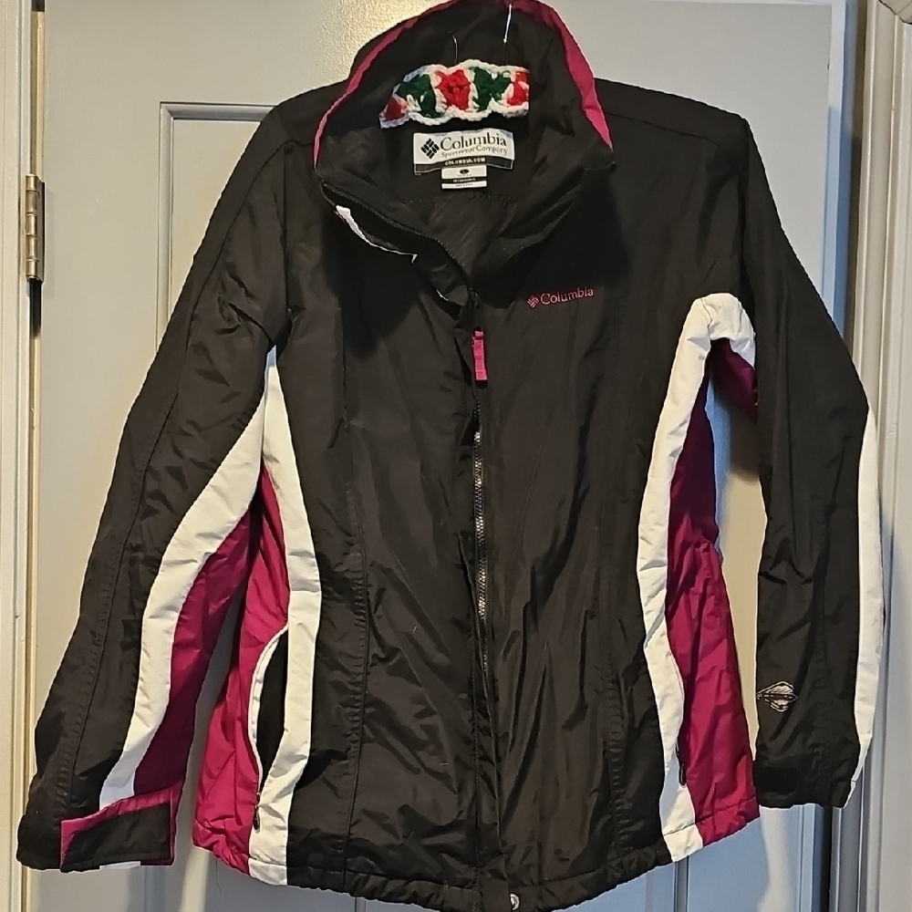 Columbia Women Black Jacket Pink White Accents Large Outdoor Heavy Interchange